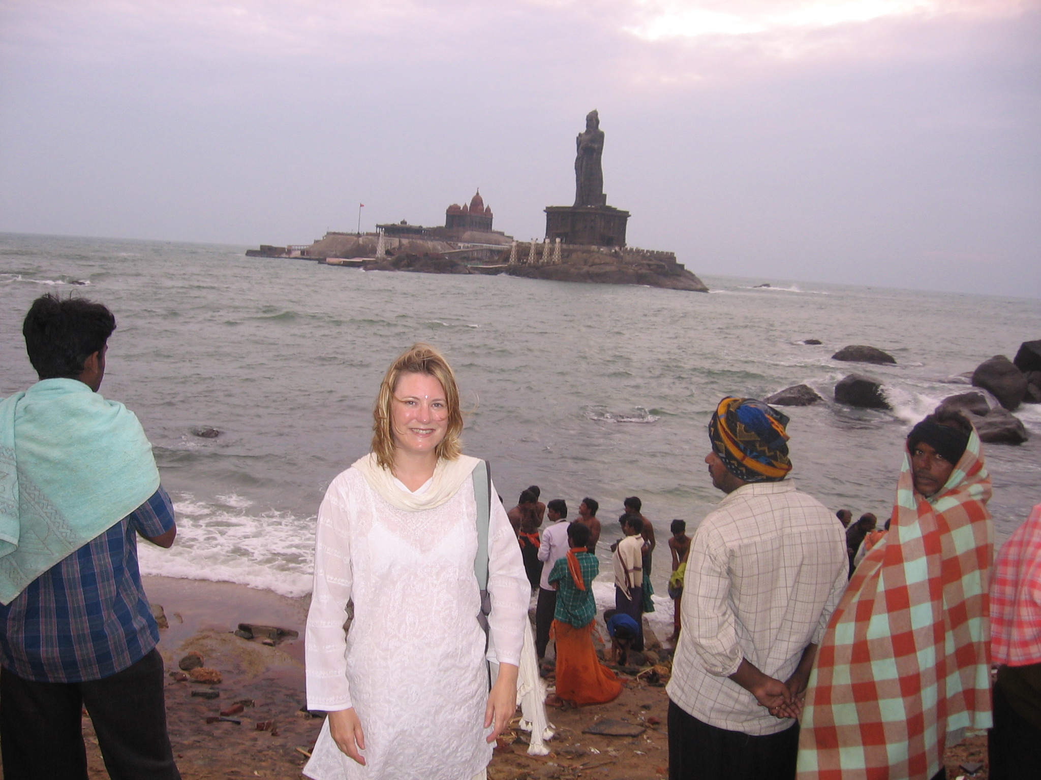 Moi, in salwar kameez, at Kanyakumari - the very southern tip of India