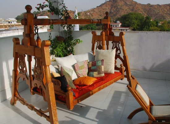 Rooftop swing chair, Inn Seventh Heaven, hotel, Pushkar, Rajasthan, India