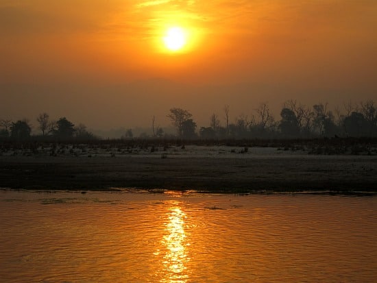 Photograph of sunrise on the Ganga or Ganges River in India