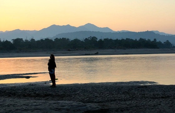 Me, watching the sunrise on banks of Ganga near Aurovalley Ashram, India