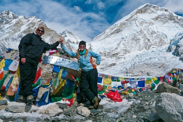 Photograph of Dave Bouskill and Debra Corbeil of ThePlanetD at Mount Everest base camp in Nepal