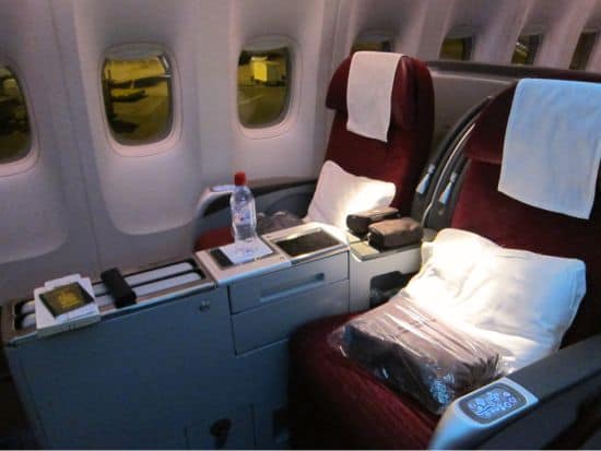 Photograph of business class seat on Qatar Airways flight to India