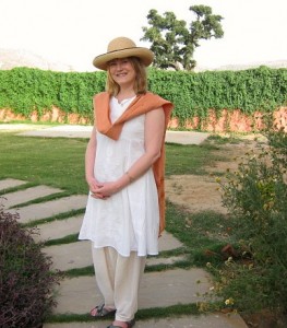 Mariellen Ward in Tilley Endurables hat at The Farm Villa, Ranthambhore, Rajasthan, India