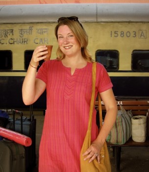 MW at train station Mariellen Ward of Breathedreamgo at train station in India