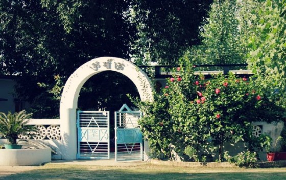 Entering the dining hall at Aurovalley Ashram in north India.