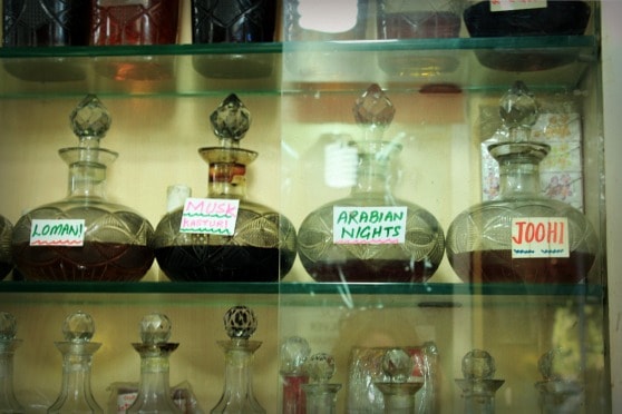 Attar and perfume for sale in Janpath bazaar, New Delhi, India