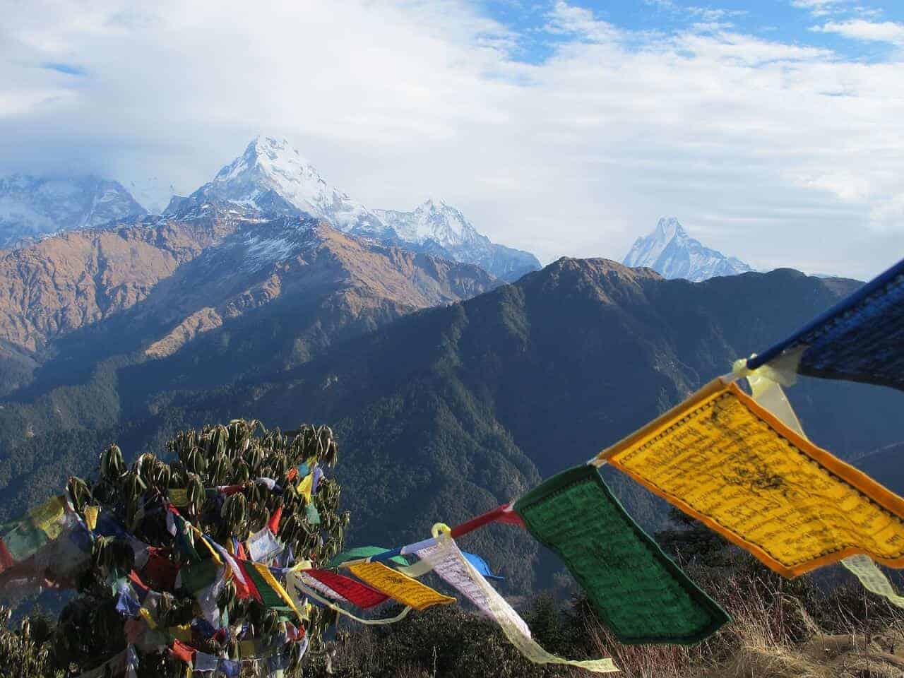 prayer flags and Himalaya mountains
