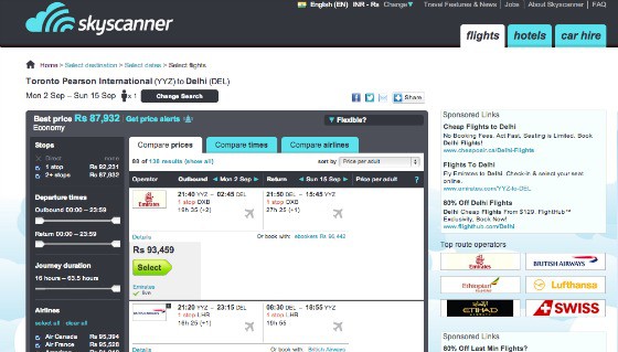 SkyScanner flight and travel price comparison website