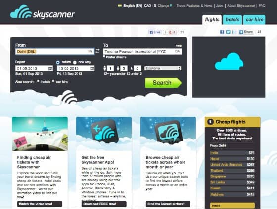 home page, SkyScanner flight and travel price comparison website