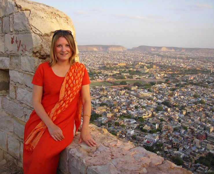 Mariellen Ward at Tiger Fort, overlooking Jaipur, India. 2006