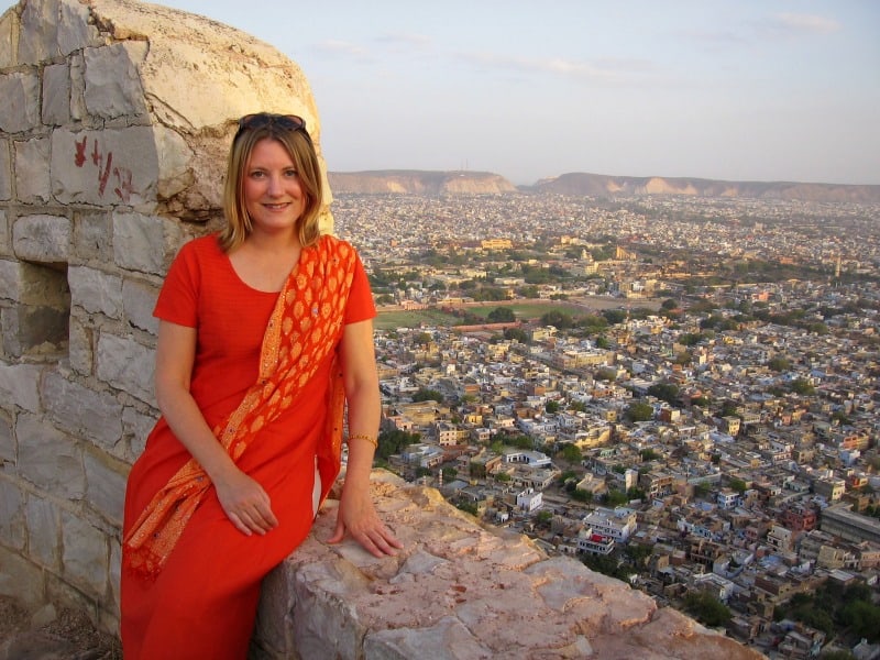 Mariellen Ward at Tiger Fort, overlooking Jaipur, India. 2006