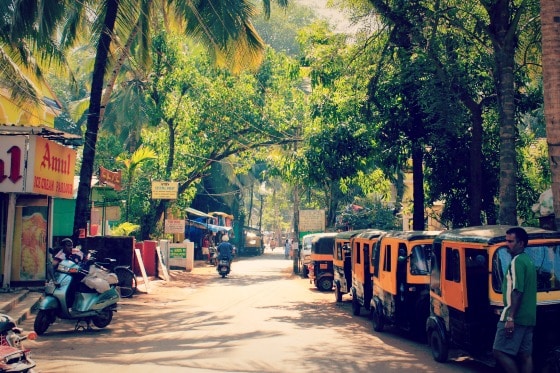 Small street with palm trees and autorickshaws in Goa, India