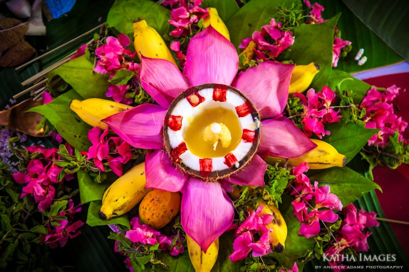 Colourful floral offering at a wedding in Kerala.