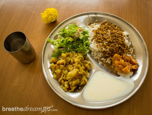 Aurovalley Ashram, yoga, India, travel, food, eating, green, sustainable, thali