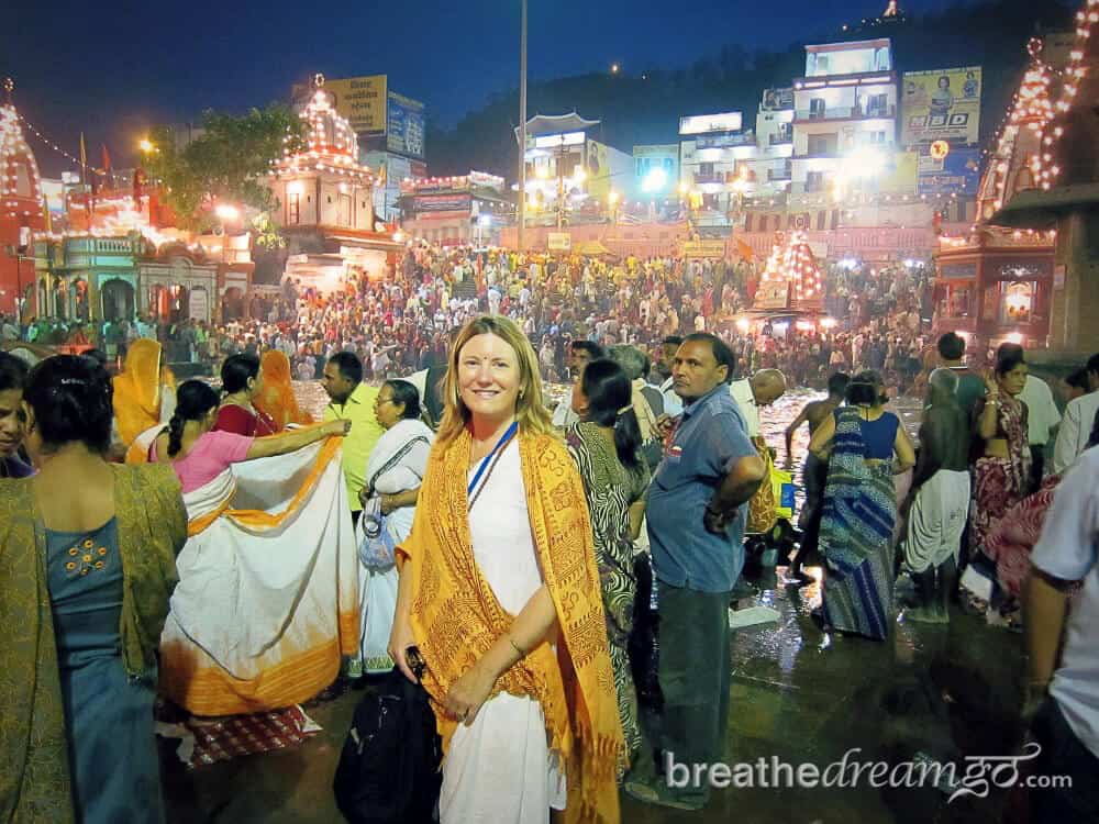 Mariellen Ward at Haridwar aarti during Kumbh Mela.