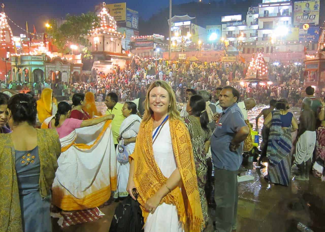 Mariellen Ward at the Kumbh Mela aarti in Haridwar