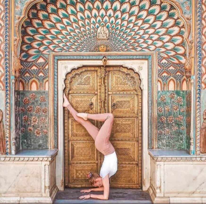MindBodyColleen Instagram photo doing Yoga pose at City Palace in Jaipur