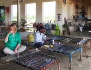 Mariellen at chai stop on on Intrepid Travel Classic Rajasthan tour