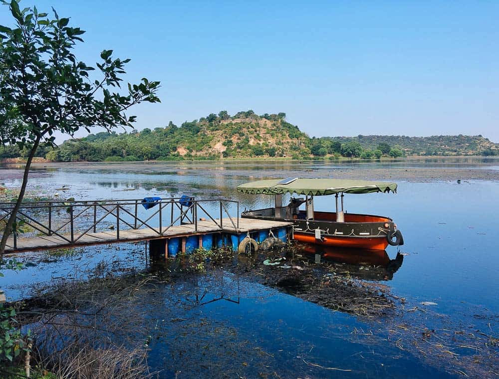 boat docked on Pangarh Lake, Rajasthan