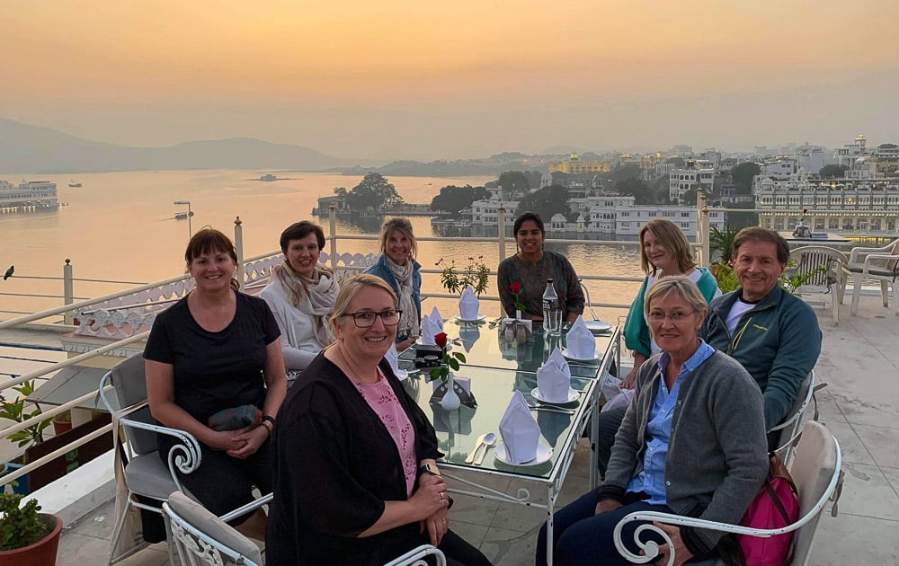 Intrepid Travel group on a rooftop in Udaipur