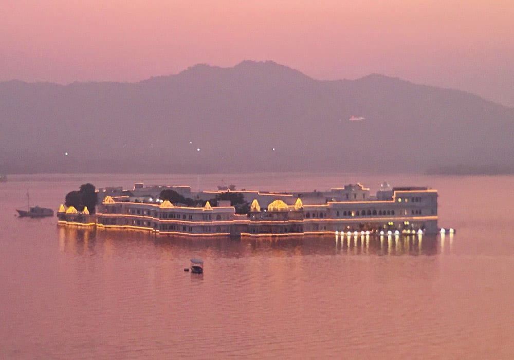 Udaipur and Lake Palace hotel at sunset