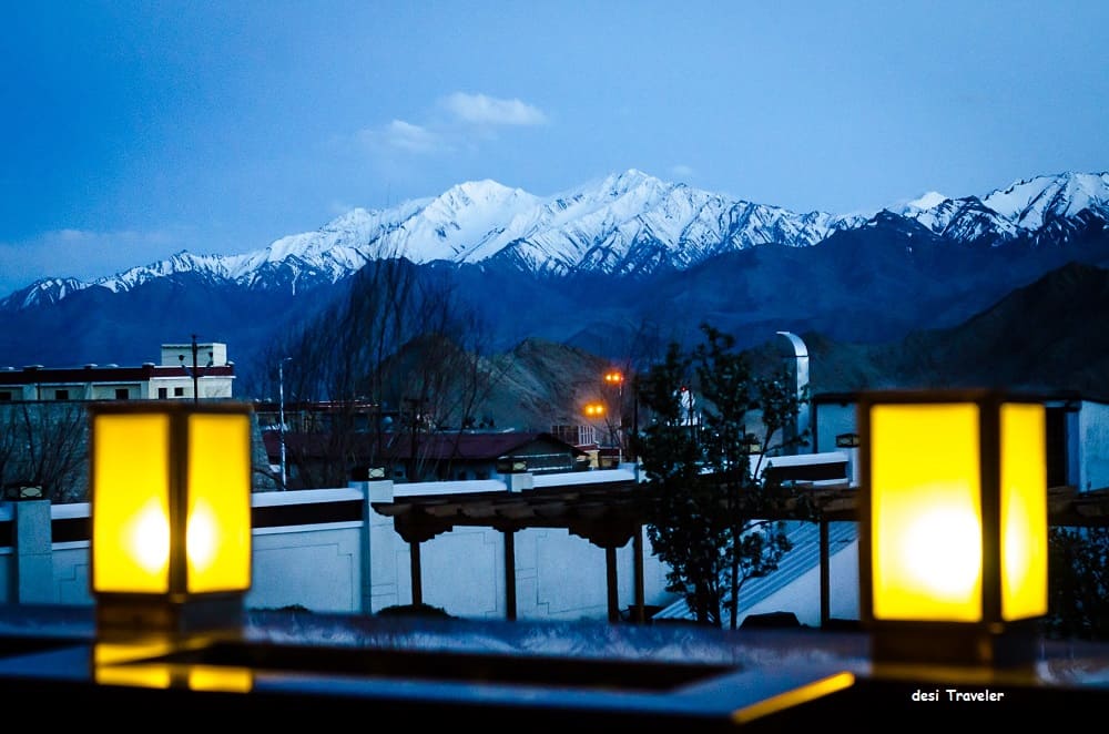 View of lanterns and mountains from Grand Dragon Hotel, Ladakh, India