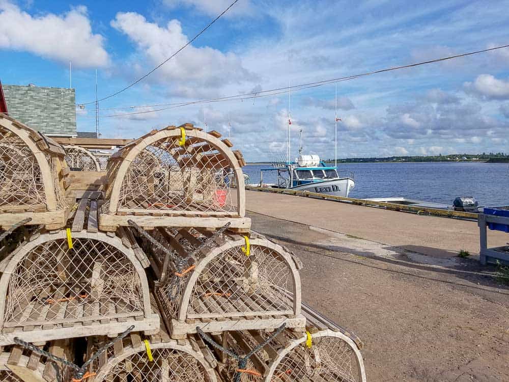 crates and boats at PEI harbour