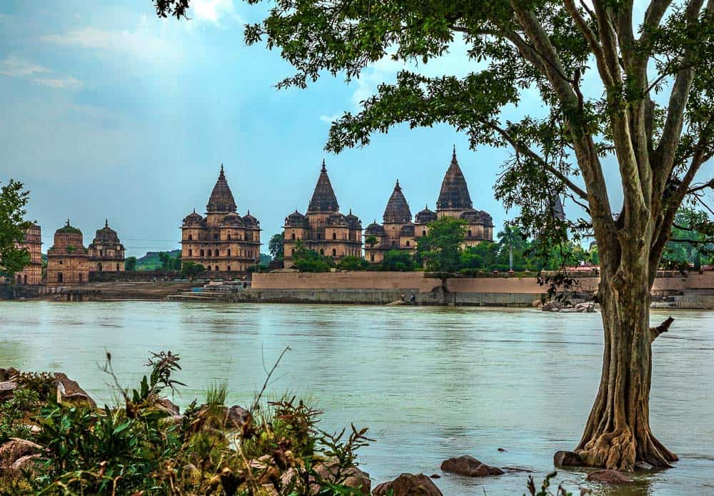 Chattris lined up on the Betwa River in Orchha.