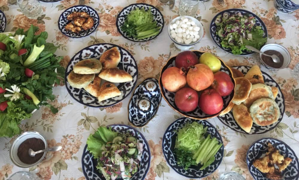 dishes of various foods in Uzbekistan