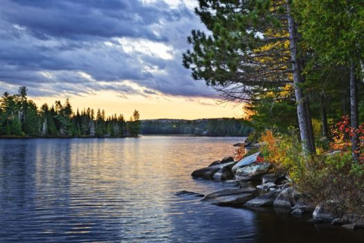 sunset on lake and campsite in Algonquin, Ontario