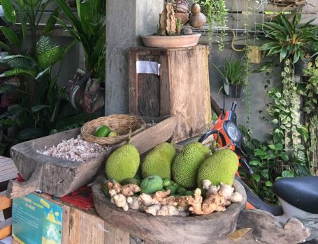 jackfruit and other foods on display in Chiang Mai, Thailand