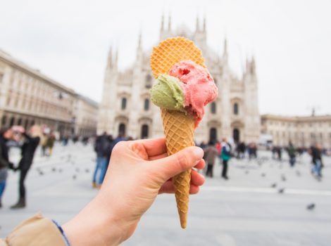 Gelato ice cream in front of Italian church