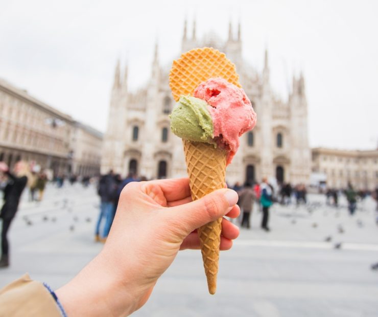 Gelato ice cream in front of Italian church