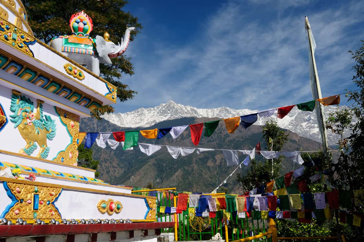 Buddhist temple and Himalayas in Dharamsala