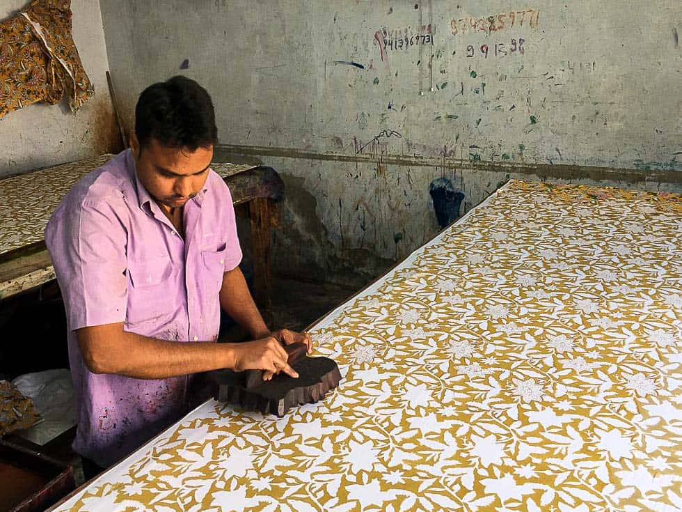 Hand-block printing demonstration at a workshop in Jaipur, Rajasthan