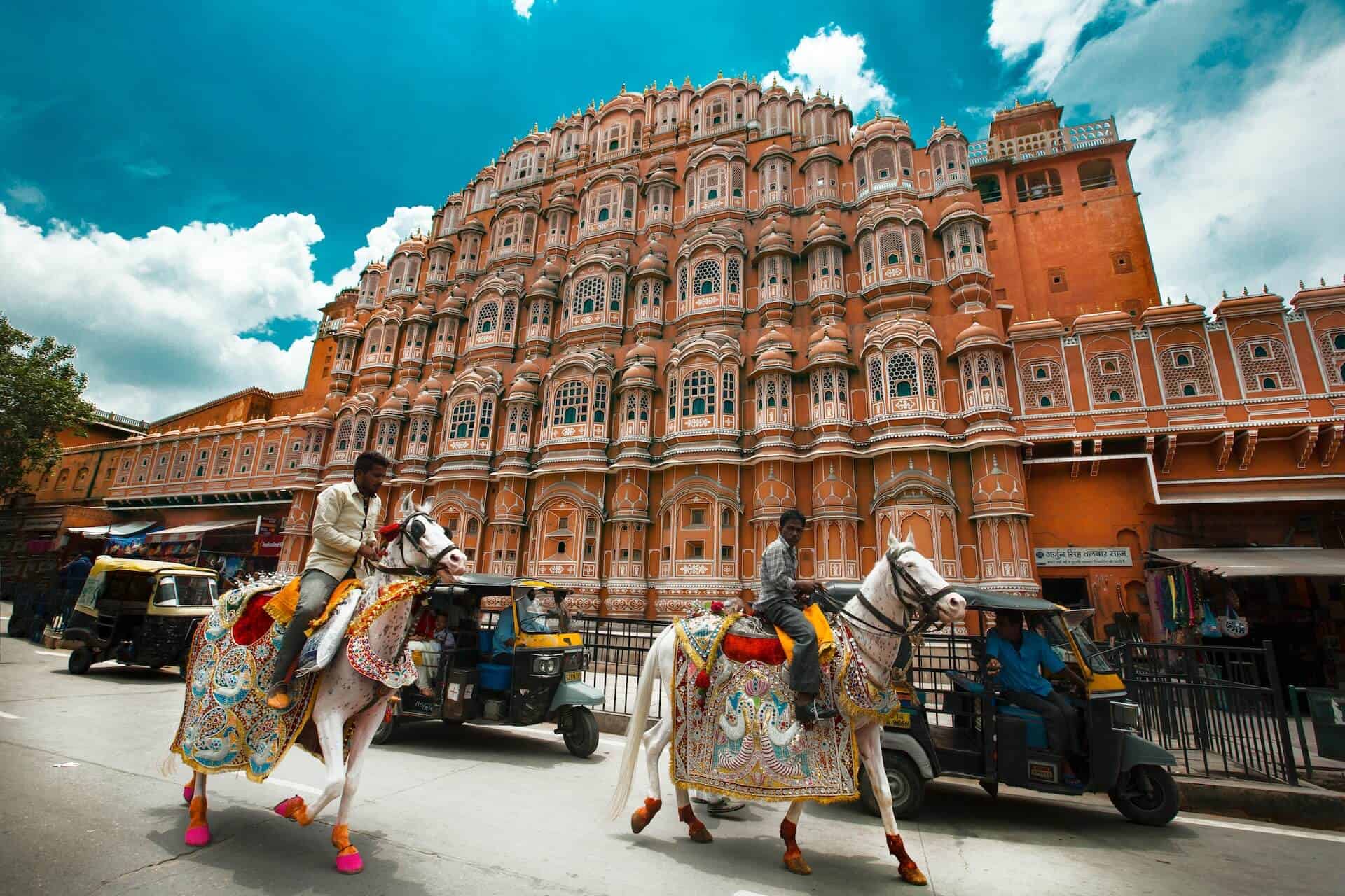 Market in Jaipur with Hawa Mahal