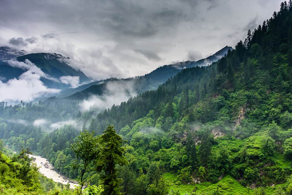 A Himalayan river valley in India during monsoon.