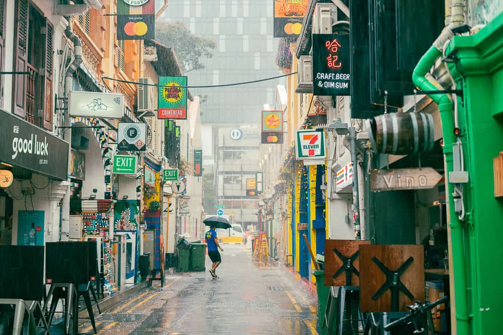 Haji Lane shopping street in Singapore on a rainy day