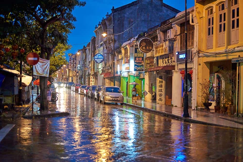 Street at night in the rain, George Town, Malaysia