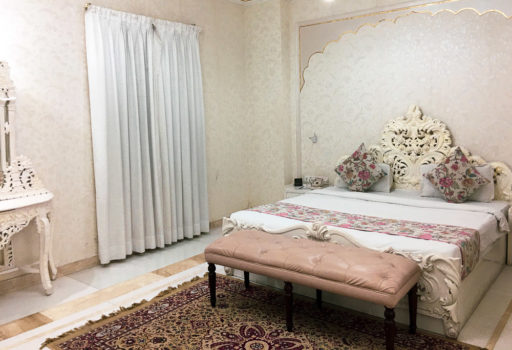 The White Room at the WelcomHeritage Traditional Haveli hotel in Jaipur.