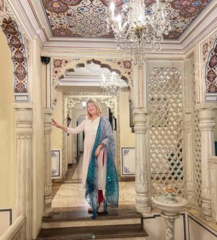 MW Mariellen Ward in lobby of WelcomHeritage Traditional Haveli, Jaipur.